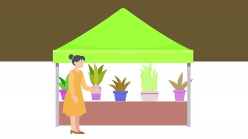 Woman Standing Plant Shop Green Tent Animation