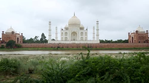 Taj Mahal seen from the banks of river Yamuna, frontal view