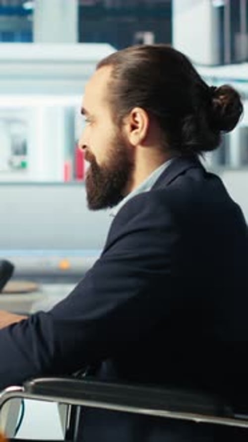 Vertical Video Person with Disability in Photovoltaics Factory Diagnoses Malfunctioning Systems