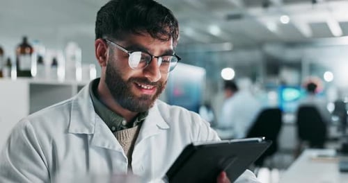 Science, laboratory and man on tablet for medical analysis, online research and medicine