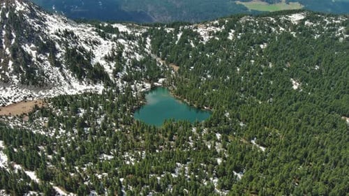 Mountain Lake with Snow Mountains and Green Forest