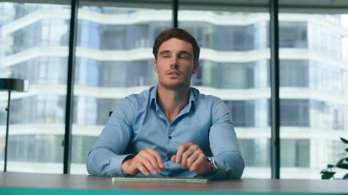 Engineer Operating Holographic Animation Sitting Futuristic Office Close Up