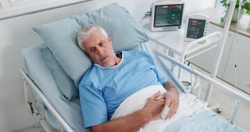 Above, thinking and old man in hospital bed, sick and illness with healthcare