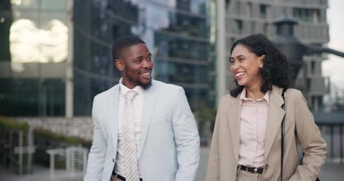 Walking, happy and business people in city in discussion, conversation and talking on morning