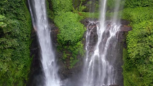 Drone View of Sekumpul Waterfall Surrounded By Tropical Jungle in Bali Indonesia