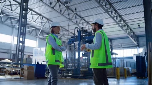 Factory Warehouse Workers Discussion Professional Employees Talking in Storage. Uniformed Caucasian