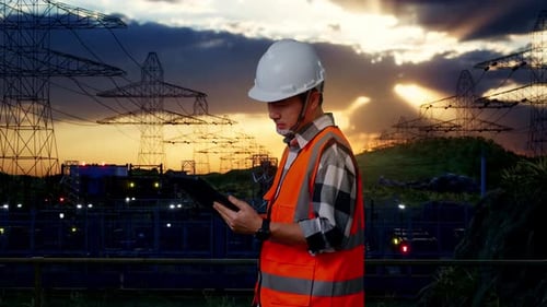 Side View Of Asian Male Engineer Working On A Tablet Near High voltage tower