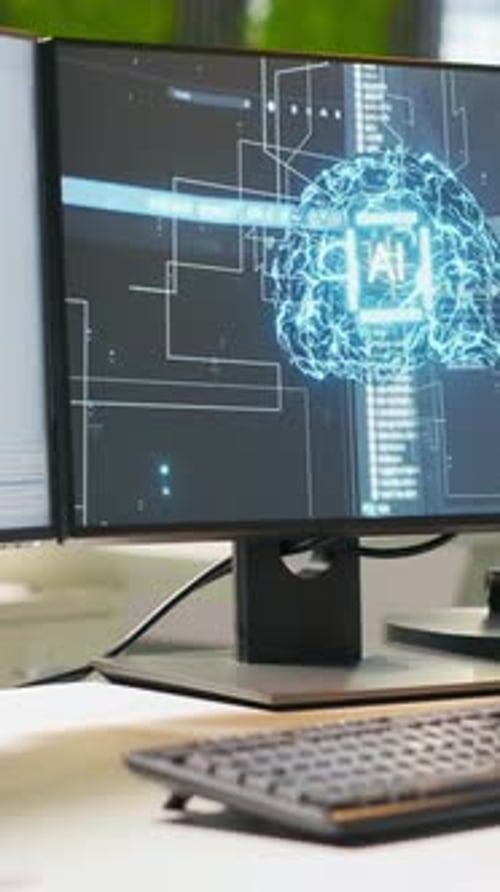 Vertical Video Advanced AI Algorithms Running on Computer Monitors in Empty Startup