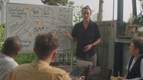 Mulher apresentando estratégia de marketing em reunião de negócios ao ar livre