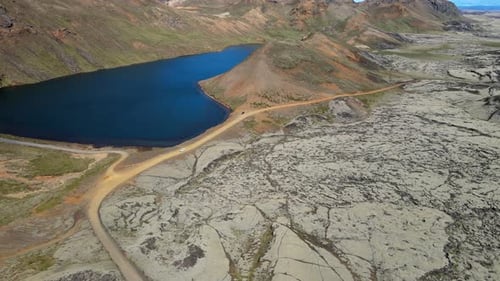 Aerial view of Trolladyngja and lake, Iceland.
