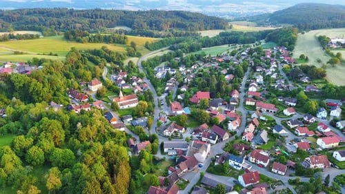 Village with Cozy Houses Highway Passes Through It Among Farmers' Fields Meadows and Trees