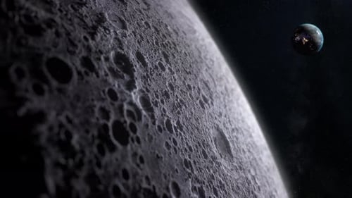 Planet earth view from the moon surface.Starry space background.Travel across the lunar soil,craters
