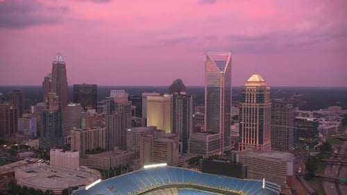 Charlotte, North Carolina Circa-2019. Aerial View of Charlotte at Sunset. From