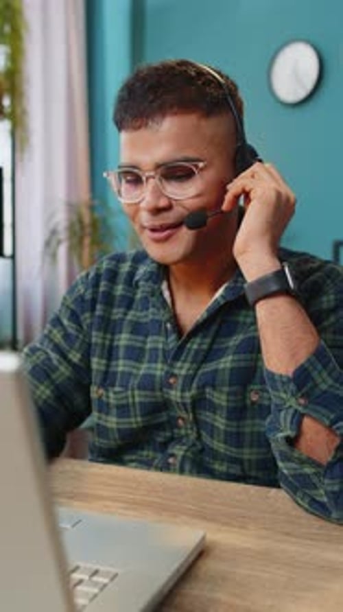 Business Man Wearing Headset Freelance Worker Call Center or Support Service Operator Helpline