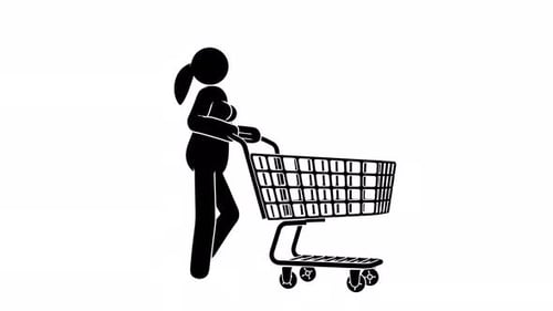 Stickman woman with empty shopping cart. Pictogram pushing a shopping cart
