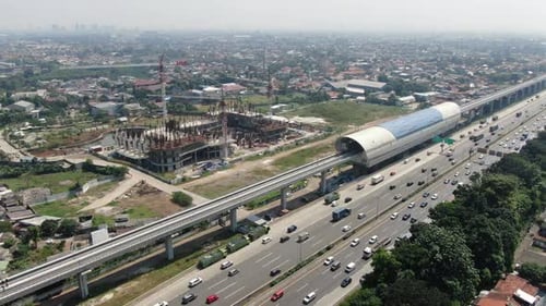 LRT City Jakarta Construction Test Aerial Drone View, Highway TOL Jakarta Bogor Drone View