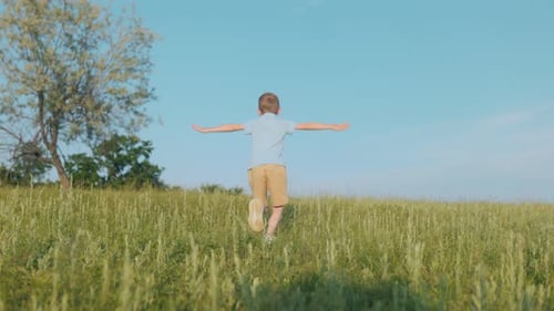 Boy Running with Arms Out Back View Symbol of Wild Childhood Joy
