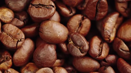 Roasting Coffee Beans with Smoke on Dark Background Close Up Arabica Robusta Colombian Beans