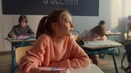 Thoughtful Student Sitting At School Desk. Smiling Girl Answering Questions For Teacher During Le...