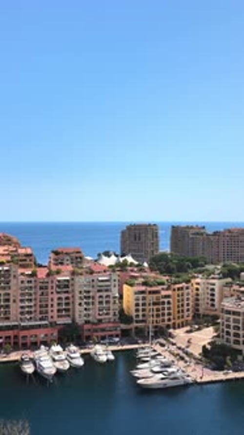 Aerial view of white boats docked in the Monaco Marina with the skyline on the background. Vertical