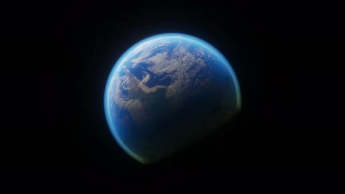 El planeta Tierra azul en rotación en el oscuro espacio profundo
