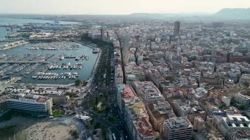 Aerial view of Alicante port and city buildings, Spain.