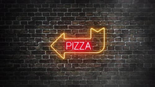 Flickering Neon Pizza Sign Arrow on Brick Wall
