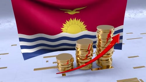 Kiribati Flag With Gold Coins Tower And Up Arrow