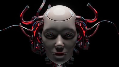 Animated Futuristic AI Robot Head with Glowing Wires