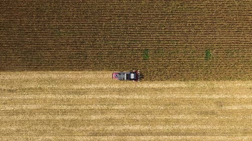 Aerial view of a harvester in sunflower field