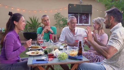 Friends Gather for Outdoor Meal in Sunny Backyard
