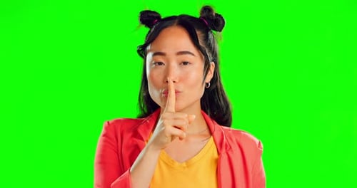 Secret, face and woman with finger on lips on green screen, background and privacy sign