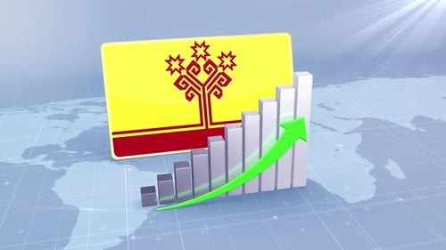 Flagge Tschuwaschiens mit steigendem Balkendiagramm und grünem Pfeil