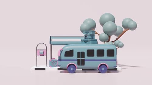 Minimalist 3D Animated Bus Stop with Character and Travel Bag