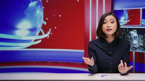 Reportero asiático que cubre los titulares de las noticias