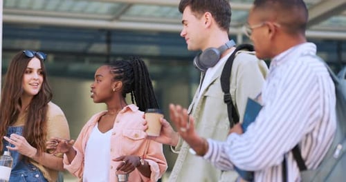 College people, conversation and group walking, talking and morning journey for education
