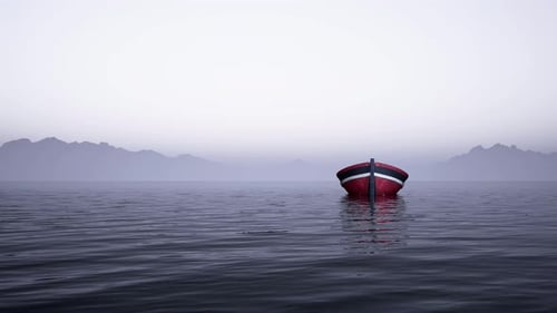 Peaceful Red Boat Drifting on Calm Misty Water