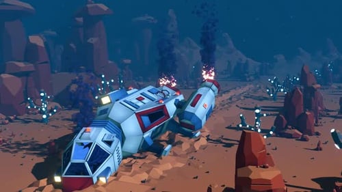 Geometric Spaceship Crash Landing in Low Poly Alien Desert