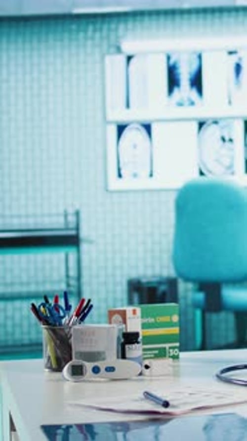 Vertical Video Empty Medical Office with Computers and Diagnostic Tools Set Up