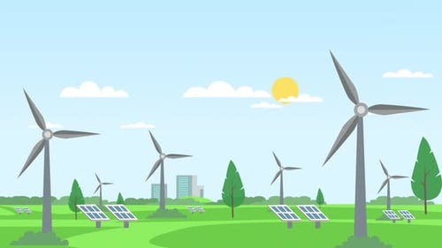 Flat Design Green Energy Landscape with Windmills and Solar Panels