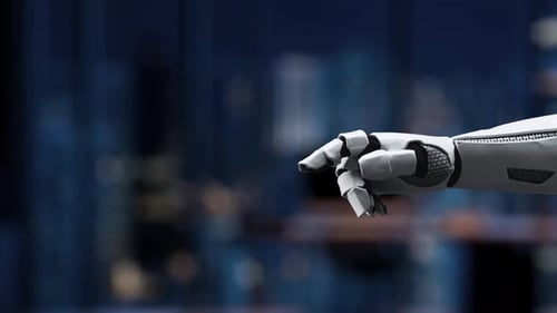 Futuristic robotic hand interacting with AI symbols including brain, head, and scales, representing