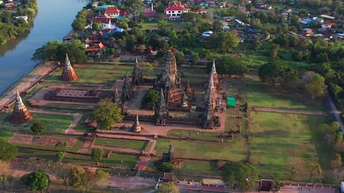 Aerial View of Wat Chaiwatthanaram Ruin Temple in Ayutthaya Thailand