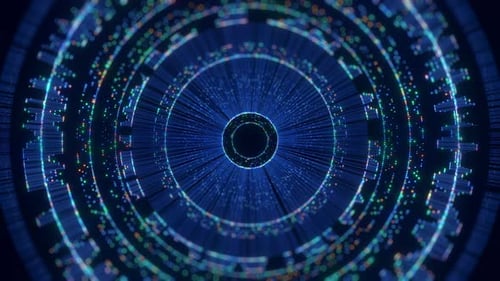An abstract futuristic digital background features glowing concentric circles