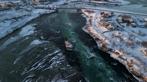 Large River From Selfoss Waterfalls During Winter In South Iceland. Aerial Drone Shot