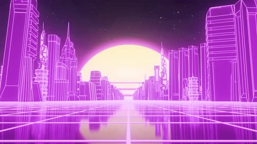 Seamless loop of retro cyberpunk cityscape with a moving grid floor
