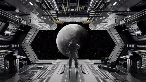 Astronaut beobachtet Mond vom Erkerfenster des Raumschiffs aus