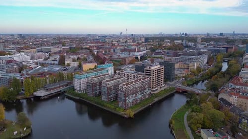 Berlin cityscape with Spree river buildings. Wonderful aerial view flight drone