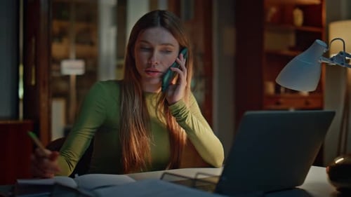 Girl Consultant Calling Late Evening Apartment Looking Laptop Screen Close Up