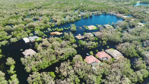 Flooded Residential Houses By Hurricane Ian Rainfall in Florida Residential Area Consequences of