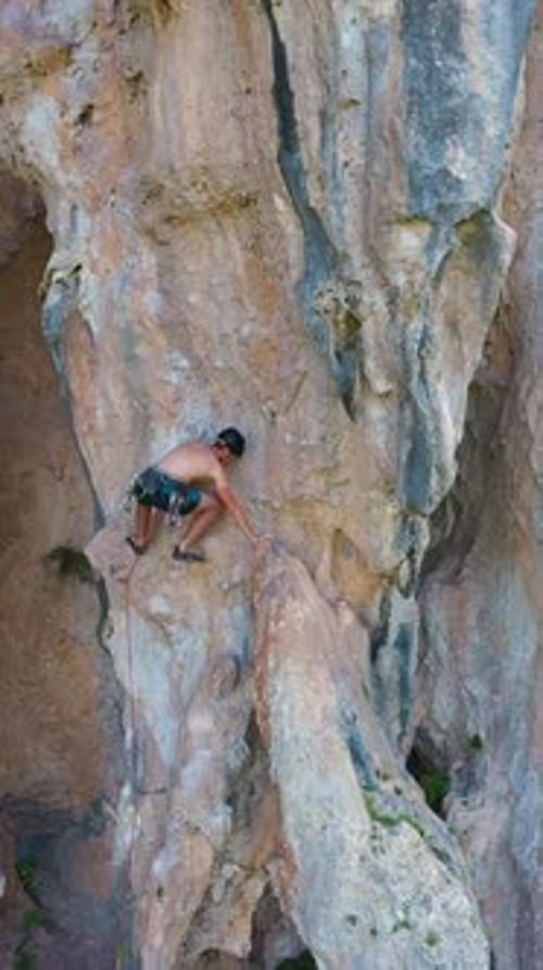 Man Climber Rock Climbing Antalya Turkey Aerial View Vertical Video